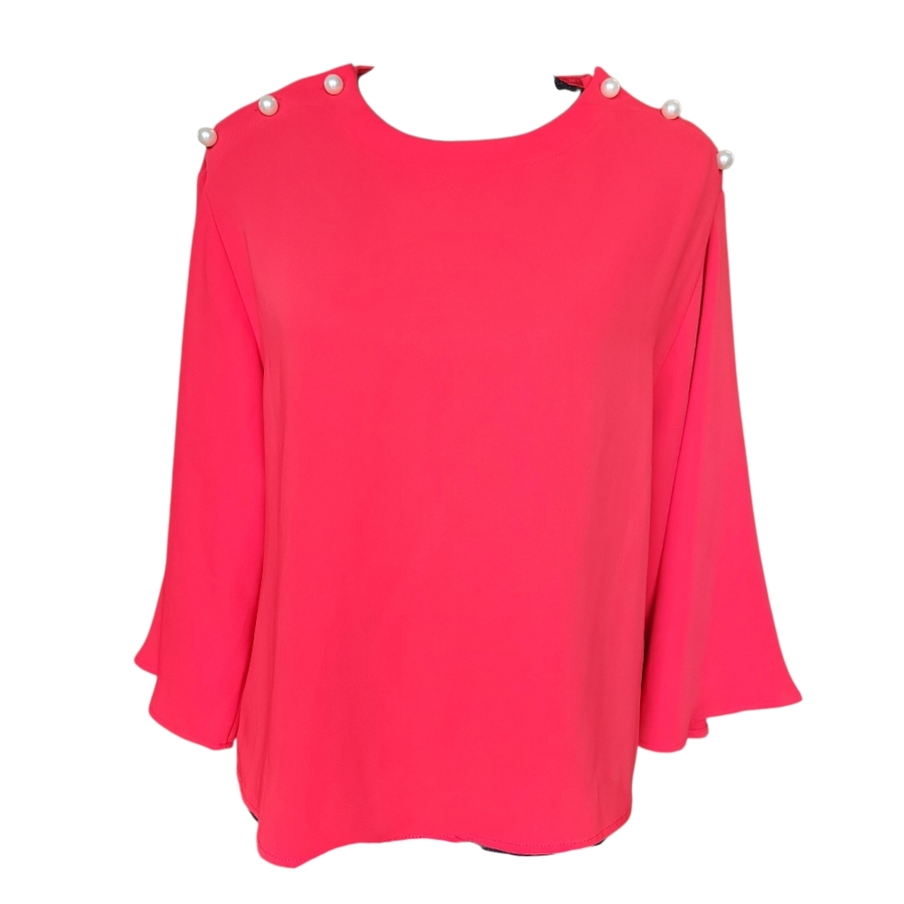 Zara Basic Red Flowy Blouse with Pearl Accent Shoulders Women's Size S